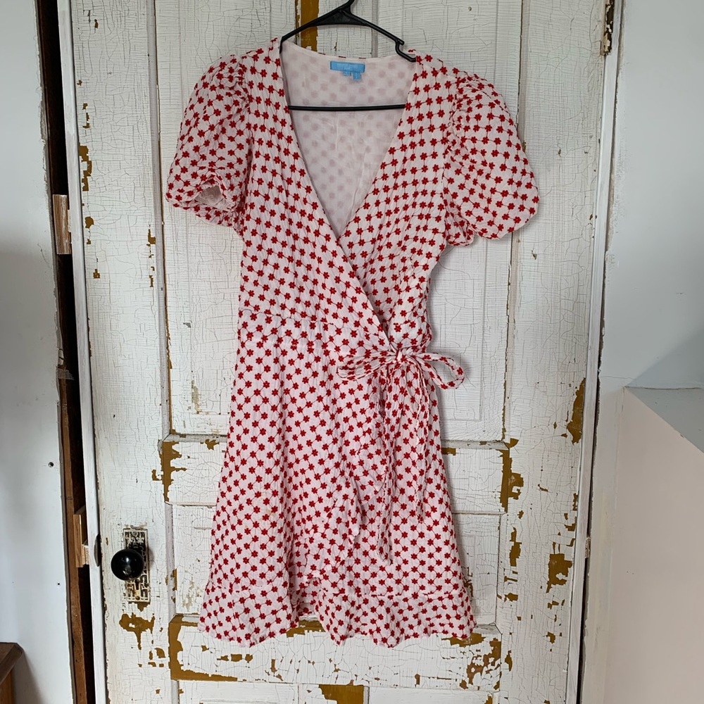 Draper James white and red embroidered floral wrap dress